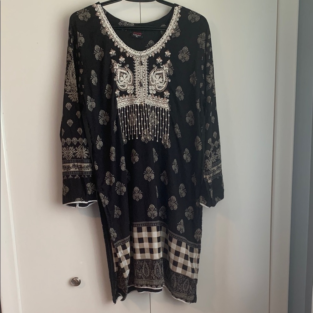 Noor Collection Black, White & Tan Floral Geometric Gingham Ethnic Kurta Size XL